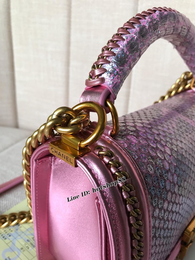 CHANEL女包 A94804 新款 leboy蟒蛇皮牛皮革編織金屬邊手柄 香奈兒斜挎單肩女包  香奈兒鏈條口蓋包 djc1306